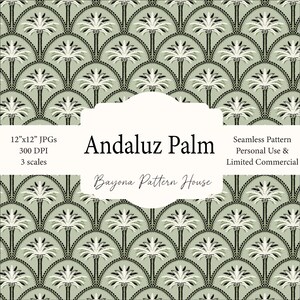 Może przedstawiać: Powtarzający się wzór stylizowanych palm w układzie wachlarzowym, w odcieniach zieleni, czerni i bieli. Tekst "Andaluz Palm" jest wyświetlany w białym owalu, wraz z innymi szczegółami. Bezszwowy wzór do użytku osobistego i komercyjnego.