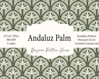 Palme Musterdesign Sommer Nahtlos Strand-Wiederholung Grün Tropisch Kachel Mittelmeer Digitales Papier Druckbare Küstenstoff Andalusier