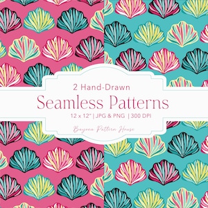 May include: Two seamless patterns featuring hand-drawn seashell designs. One pattern has pink backgrounds with teal, yellow, and black shells. The other pattern has teal backgrounds with pink, yellow, and black shells. The image includes the text: "2 Hand-Drawn Seamless Patterns".