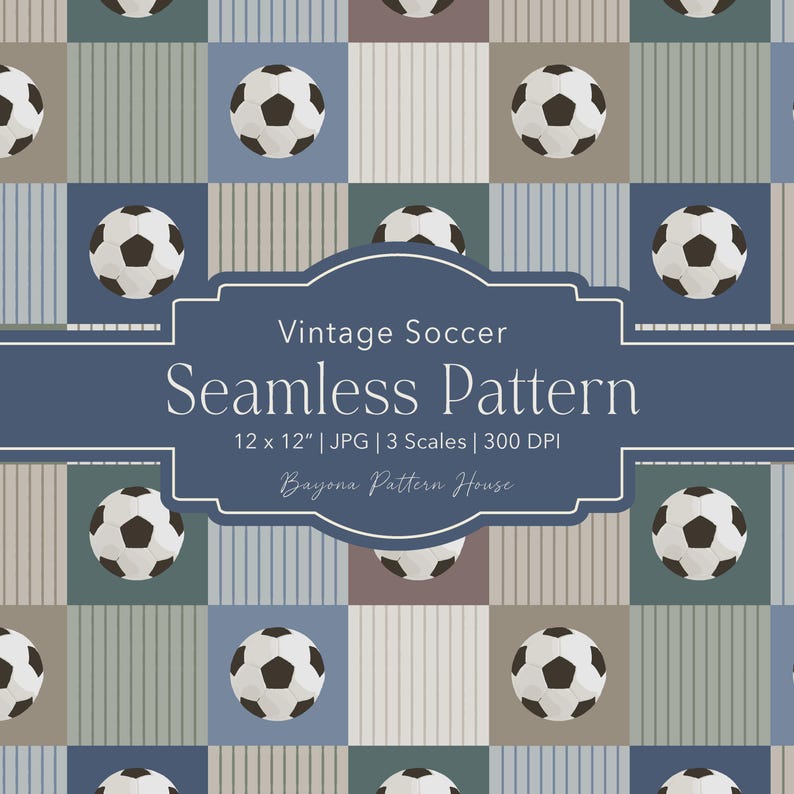 Vintage Soccer Pattern Seamless Repeating Balls Classic Heritage Design Boys Bedroom Wallpaper Sports Theme Digital Download Instant Access Ready Fabric Textile Print Commercial Use Kids Nursery Party Planning Essential Neutral Muted Tones
