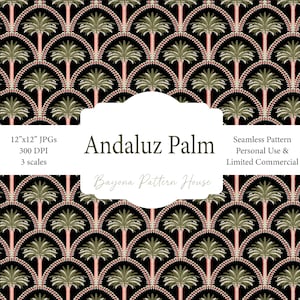 May include: A repeating pattern of stylized palm trees with green fronds and pink trunks on a black background. The text "Andaluz Palm" is displayed in a white oval. The pattern is described as a seamless design.