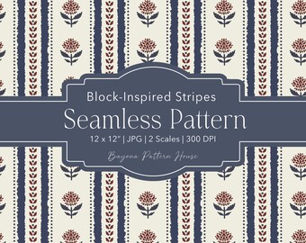 Floral Block Print Seamless Pattern Fabric Design Cottagecore Botanical Vintage Americana Stripe Motif Repeat Surface Textile Wallpaper