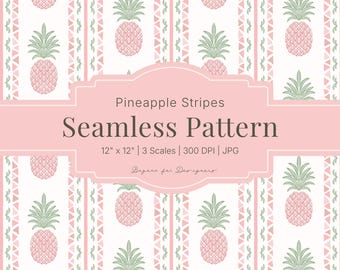 Papel pintado rosa y verde con estampado de piñas y rayas, estilo preppy, ideal para la costa caribeña de verano. Descarga digital para un complejo turístico isleño.