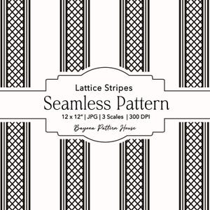 May include: A seamless pattern design featuring vertical black lattice stripes on a white background. The design includes the text "Lattice Stripes Seamless Pattern" and details about the file size and resolution.