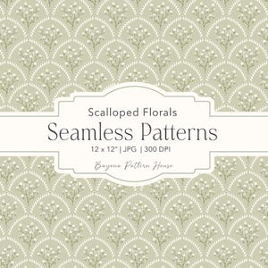 May include: A seamless pattern design featuring a repeating floral motif in a scalloped fan shape. The pattern has a soft green background with white floral elements. The text "Scalloped Florals Seamless Patterns" is displayed in a white frame. The image is 12 x 12 inches.