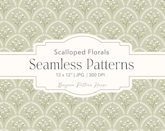 Romantic Pattern Design Seamless Repeat Green Scallop Vintage Botanical Spring Garden Wallpaper Sage Repeating Floral Textile Hand drawn