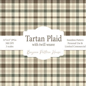 May include: A seamless tartan plaid pattern in shades of brown, beige, and green. The design features a twill weave and is available in 12"x12" JPGs at 300 DPI with 3 scales. The text reads "Tartan Plaid with twill weave" and "Bayona Pattern House".