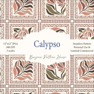 May include: A seamless pattern design featuring repeating floral and leaf motifs in shades of brown, pink, and olive green, set against a cream background. The design includes the text "Calypso" and "Bayona Pattern House".