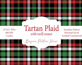 May include: A seamless tartan plaid pattern in red, green, black, and white. The design features a twill weave and is available in 12"x12" JPGs at 300 DPI with 3 scales. The text reads "Tartan Plaid with twill weave" and "Bayona Pattern House".