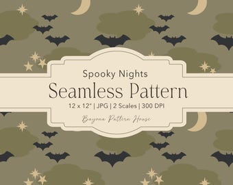 Diseño de tela con estampado de Halloween para niño: murciélago, luna y estrella. Se repite. Noches espeluznantes. Descarga digital. Archivo de Halloween en verde oliva. Textil sin costuras para guardería.