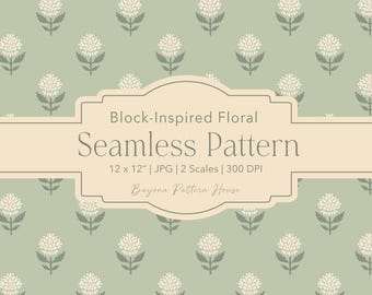 Green Block Print Floral Seamless Pattern Green Spring Fabric Design Cottagecore Botanical Repeat Vintage Commercial Use Digital Download