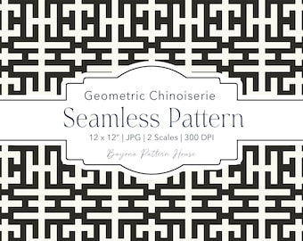 Patrón geométrico sin costuras en blanco y negro, estilo chinoiserie, celosía Grandmillennial, papelería digital, estilo preppy costero, fondo descargable