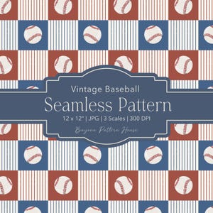 Peut inclure: Un motif sans couture avec des balles de baseball sur une grille de carrés rayés rouges, bleus et blancs. Le design comprend le texte "Vintage Baseball Seamless Pattern" et "Bayona Pattern House". Le motif est de 30,48 x 30,48 cm.