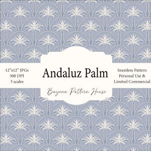 May include: A seamless pattern design featuring a repeating fan-shaped motif with stylized palm tree illustrations in white against a light blue background. The text "Andaluz Palm" is displayed in the center, with additional text indicating the pattern's specifications.