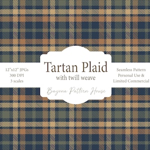 May include: A seamless tartan plaid pattern in navy blue, olive green, and tan. The image includes the text "Tartan Plaid with twill weave" and "Bayona Pattern House". The pattern is 12"x12" JPGs, 300 DPI, and 3 scales.