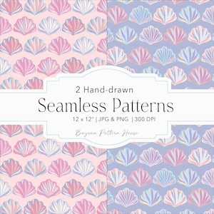 May include: Two hand-drawn seamless patterns with seashell designs in pink, blue, and purple. The patterns are 30.48 x 30.48 cm and are available in JPG and PNG formats at 300 DPI. The text reads "2 Hand-drawn Seamless Patterns".