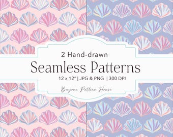Pastell Muschel Digitales Papier Hintergrund Musterdesign Muster nahtlos wiederholen Datei Rosa Lavendel Sommer Küstendruck Design Handgezeichnete Muschel wiederholbar