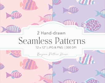 Tropical Fish Seamless Pattern Pastel Beach Pattern File Pink Lavender Summer Coastal Print Design Hand Drawn Fish Repeatable