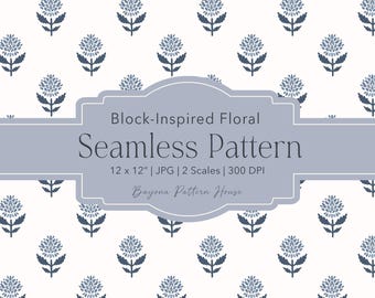 Block Print Floral Seamless Pattern Blue Spring Fabric Design Cottagecore Botanical Repeat Vintage Commercial Use Grandmillenial Digital