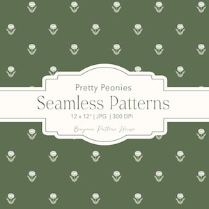 May include: A seamless pattern design featuring small white peony flower illustrations on a dark olive green background. The text "Pretty Peonies Seamless Patterns" is displayed on a white banner. The image is 12 x 12 inches at 300 DPI.
