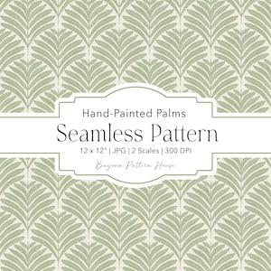 Peut inclure: Un motif sans couture avec un design répété de feuilles de palmier peintes à la main dans des tons verts sur un fond crème. Le texte indique "Hand-Painted Palms Seamless Pattern" et les dimensions sont de 30,48 x 30,48 cm.