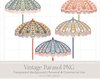 Vintage Parasol PNG Bundle  Vintage Umbrella with Tassels Digital Element  Antique Inspired PNG Transparent Background
