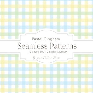 May include: Pastel gingham seamless patterns in a repeating design of light blue, yellow, and green squares. The image includes the text "Pastel Gingham Seamless Patterns" and details about the file size and resolution.