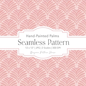 Puede incluir: Patrón sin costuras con un diseño repetitivo de palmas estilizadas pintadas a mano en rosa sobre un fondo rosa claro. El texto "Hand-Painted Palms Seamless Pattern" se muestra en una pancarta blanca. El patrón mide 30,48 cm x 30,48 cm.
