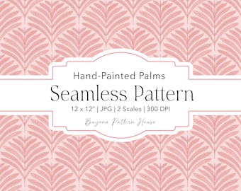 Palm Pattern Summer Seamless Hand Drawn Beach Tropical Repeat Mediterranean Inspired Design for Creators Pink Palm Leaf Digital Paper