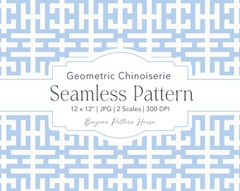 Patrón geométrico sin costuras de estilo chinoiserie azul, celosía azul y blanca, papelería digital Grandmillennial, estilo preppy costero. Descarga gratuita.