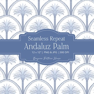 Puede incluir: Patrón repetitivo sin costuras con palmeras azules estilizadas sobre fondo blanco. Las palmeras están dispuestas en arcos decorativos. El texto "Seamless Repeat Andaluz Palm" se muestra en una pancarta azul.
