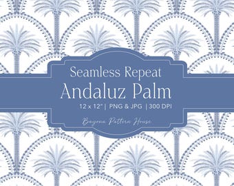 Palm Tree Pattern Summer Seamless Beach Repeat Blue Tropical Tile Mediterranean  Digital Paper Printable Coastal Fabric Wallpaper Andalusian