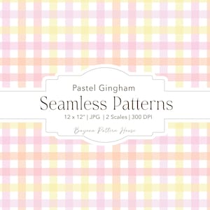 May include: A seamless pastel gingham pattern in shades of pink, yellow, and peach. The design features a classic plaid grid, perfect for digital or print projects. The image includes the text "Pastel Gingham Seamless Patterns".