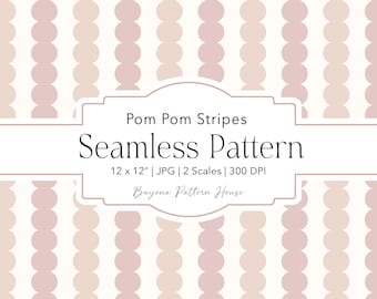 Spring Seamless Pattern Repeat Design Playful Stripes Pink Wallpaper Preppy Background Digital Download Blush Fabric Scallop Textile Pom