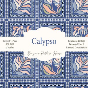 May include: A seamless pattern design featuring repeating square motifs with floral and leaf elements in shades of blue, peach, and gray. The design includes the text "Calypso" and "Bayona Pattern House". The pattern is available in 12"x12" JPGs.