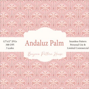 May include: A seamless pattern design with a repeating fan-shaped motif and stylized palm trees in pink and white. The text "Andaluz Palm" is displayed in a decorative font, with additional text indicating the pattern's specifications and usage rights.