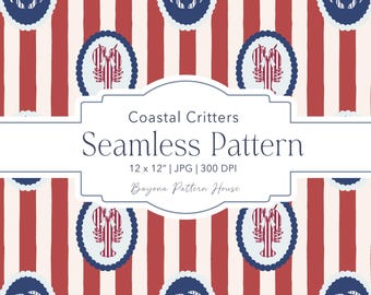 Coquette Coastal Design Ocean Seamless Nautical Stripes Beach Pattern Amalfi Coast Lobster Illustration Preppy Summer Maritime Digital Paper