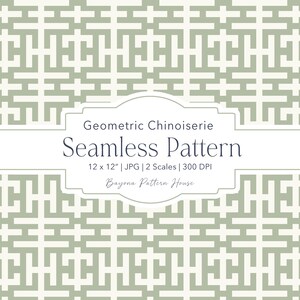 Op de afbeelding: Een geometrisch Chinoiserie naadloos patroon in saliegroen en wit. Een centraal label toont de tekst: Geometric Chinoiserie Seamless Pattern, 30,48 x 30,48 cm | JPG | 2 schalen | 300 DPI, Bayona Pattern House. Het ontwerp bevat herhalende lijnen.