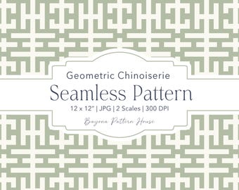 Papelería digital con estampado geométrico sin costuras de estilo chinoiserie verde, enrejado verde salvia y blanco, estilo Grandmillennial, estilo preppy costero.