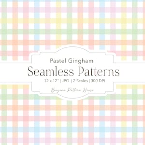 Puede incluir: Patrones sin costuras de cuadros de vichy pastel en un diseño de cuadrícula repetitivo. El patrón presenta una paleta de colores suaves de rosa, azul, amarillo y verde. La imagen incluye el texto "Pastel Gingham Seamless Patterns" y "Bayona Pattern House".