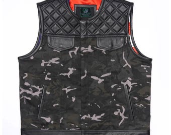 Men’s Diamond Stitch Camouflage Biker Vest, Leather Motorcycle Waistcoat, Custom Riding Vest