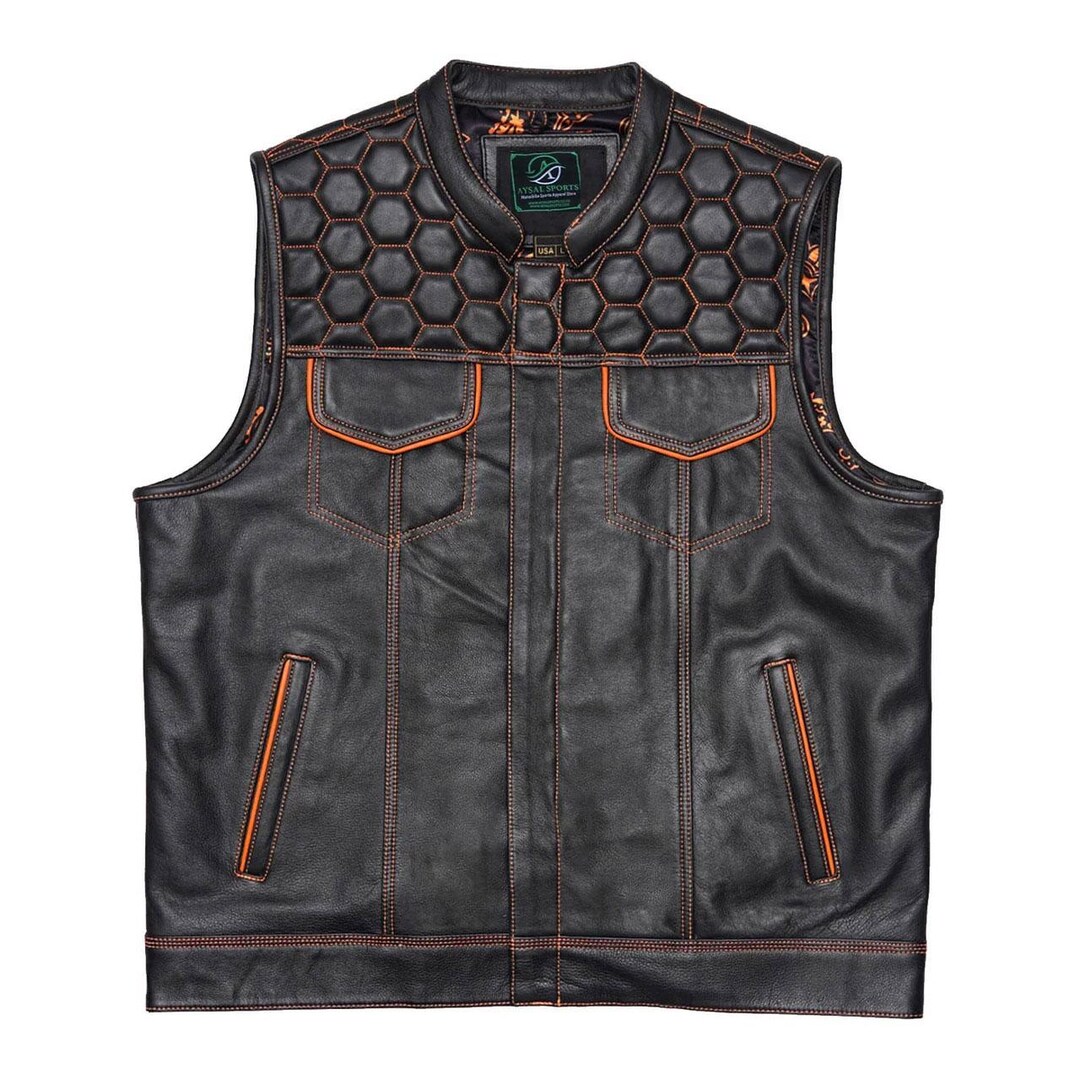 Men’s Honeycomb Stitch Leather Motorcycle Vest, Custom Biker Waistcoat ...
