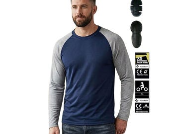 Kevlar Lined Motorcycle T-Shirt – Navy & Grey, CE Armored Pads