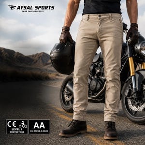 Men's Tan Stretch Chino Kevlar Motorcycle Riding Jeans with Kevlar Lining & Armor