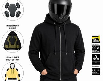 Motorcycle Kevlar Lined Riding Hoodie with CE Armor Level 2, Black Zip-Up Riding Jacket