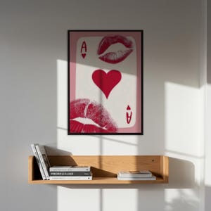 Affiche de baiser de l'as de coeurs, art de cartes à jouer, cadeau pour une nouvelle maison, oeuvre d'art minimaliste, affiche unique, décoration murale impression baiser, décoration murale amour