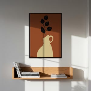 Arte de pared con jarrón minimalista, póster botánico abstracto enmarcado con hojas, impresión moderna de terracota para sala de estar neutra o decoración bohemia.