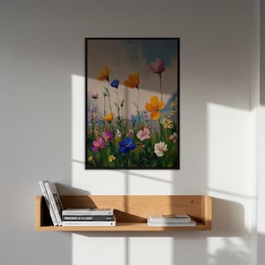 Bunte Wildblumenfeld-Wandkunst, lebendige Blumenmalerei, Wildblumenplakat für Wohnzimmer, Sommer-Natur-Dekor, Geschenk für Zuhause