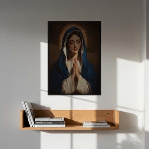 Blessed Virgin Mary Wall Art, Catholic Prayer Room Wall Decor, Blue Holy Mother Print, Spiritual Gift For Her, Religious Poster For Home