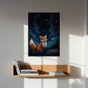 Starry Night Fox Wall Art, Whimsical Animal Poster, Dreamy Forest Decor For Nursery Or Home Office, Gift For Nature Lovers, Cozy Wall Art